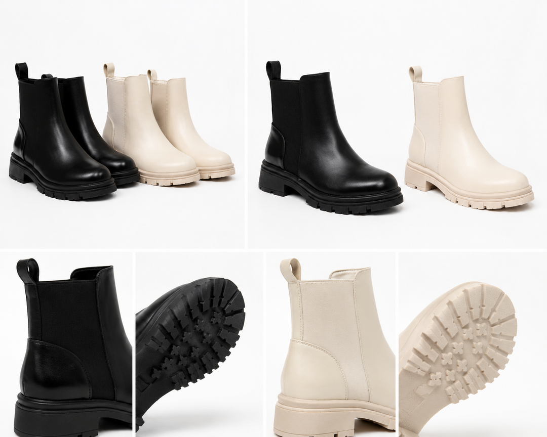 Women’s chunky ankle boots in black and cream with elastic stretch panels