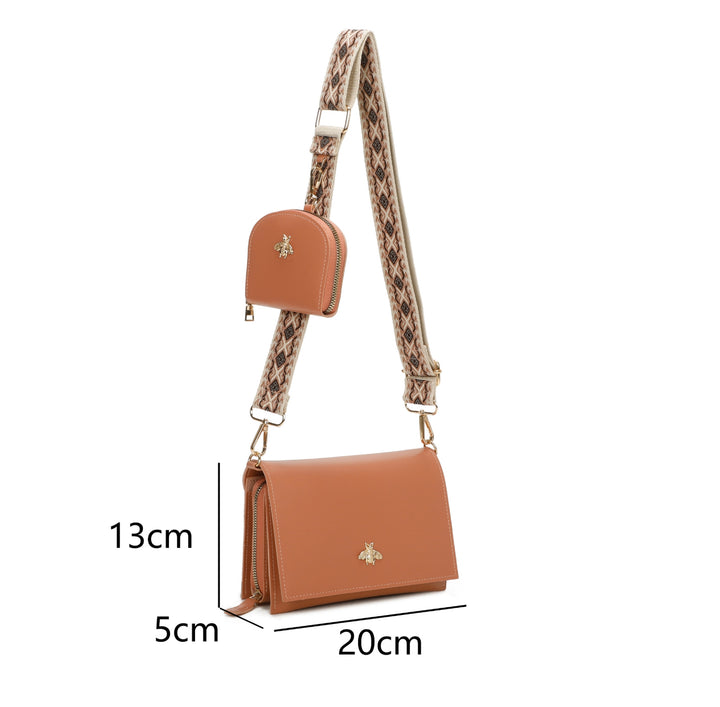 Brown handbag with measurements on a white background