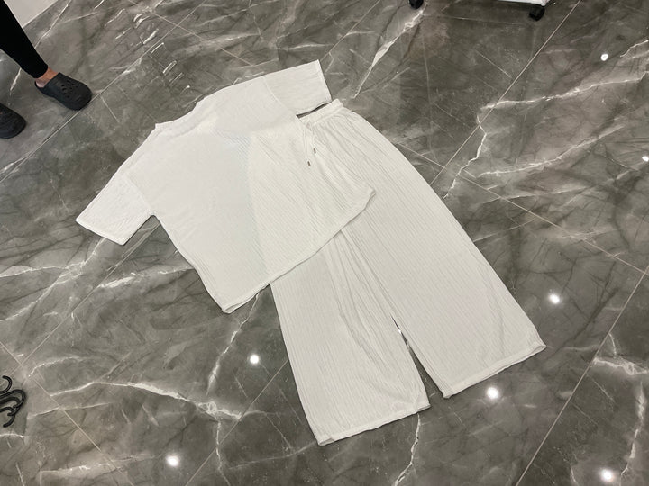 Ribbed Sleeve Top &amp; Wide Leg Trouser Co-Ord Set