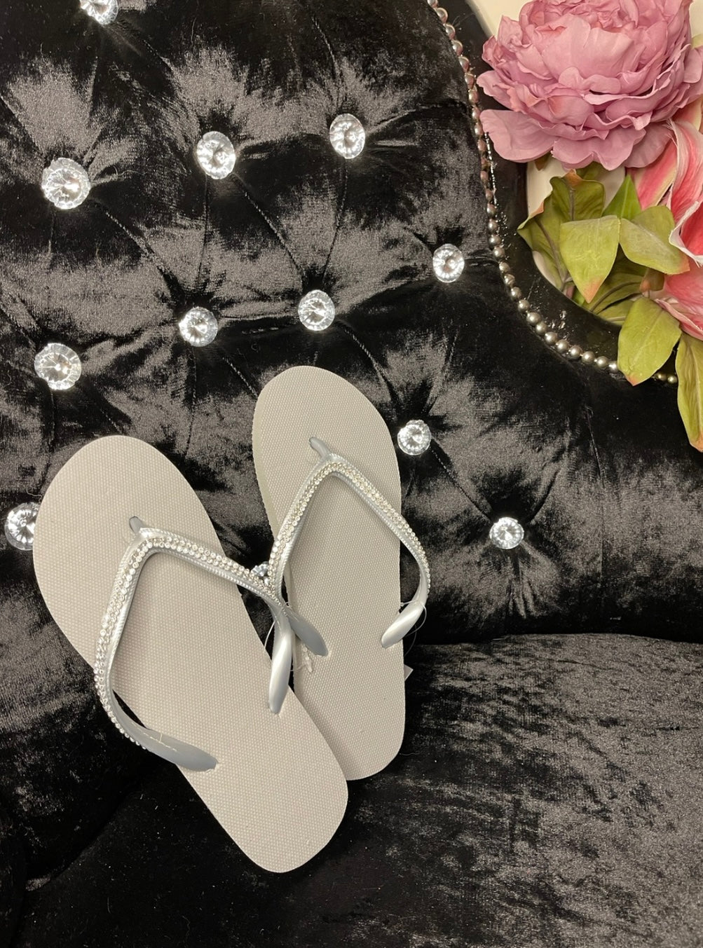 Crystal detail bling flip flops blush pink or grey