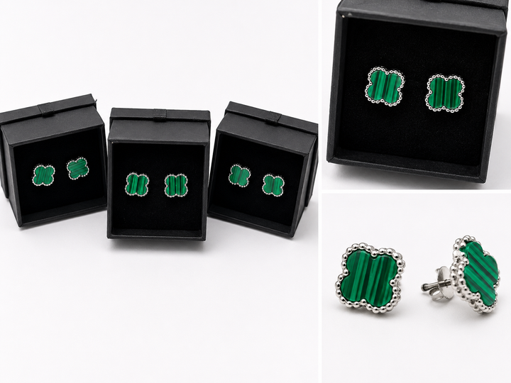Green clover shaped stud earrings with striped stone effect centre and silver tone beaded edging