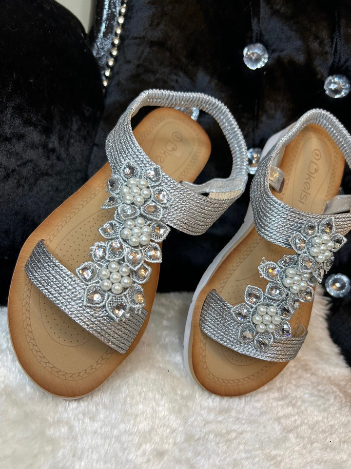Silver embellished flat sandals with crystal and pearl detailing