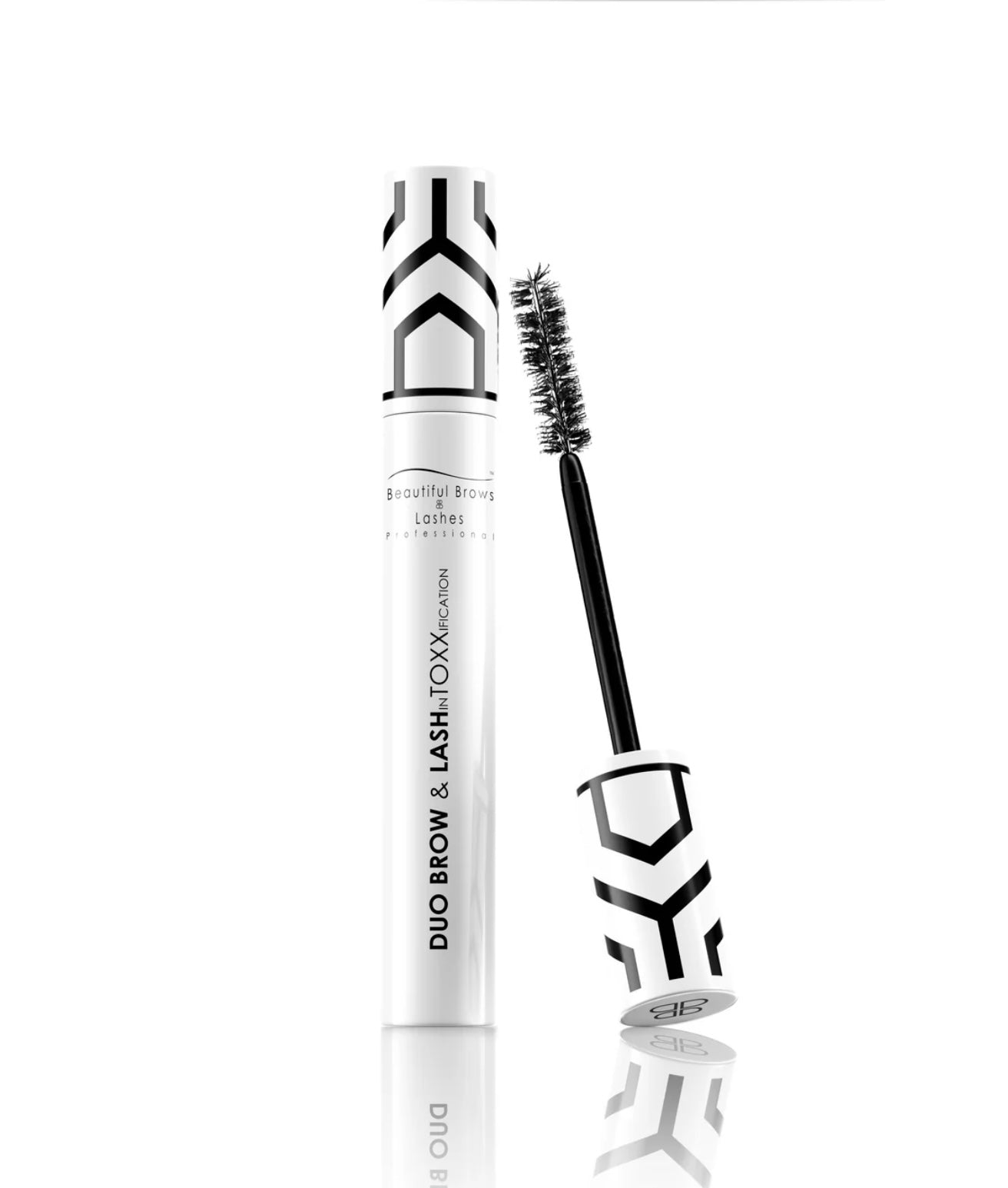 Mascara wand with black and white design on a white background