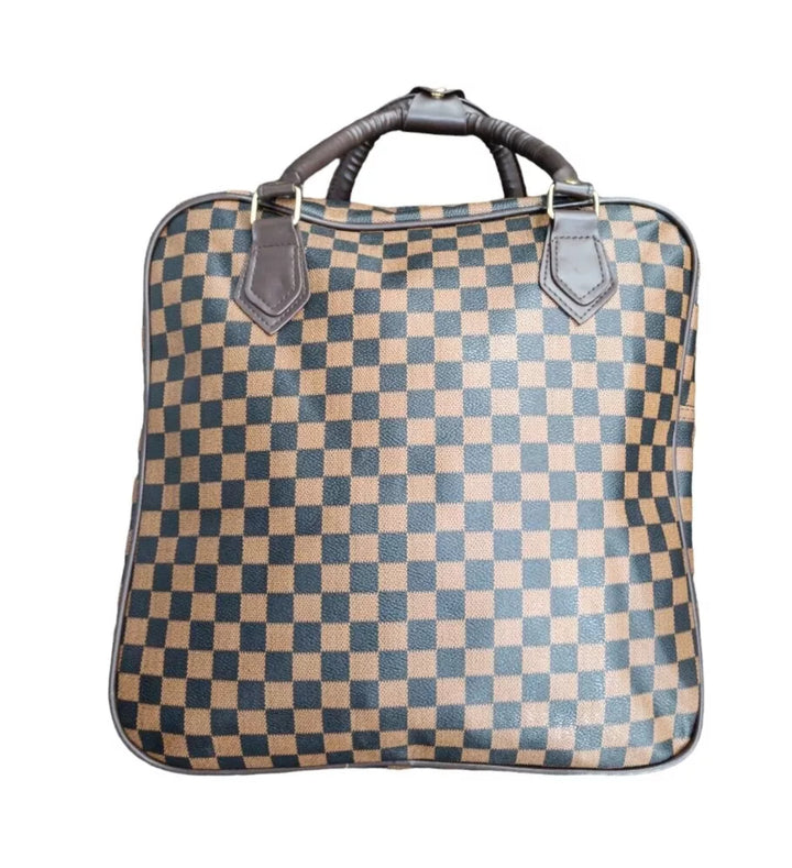 Brown checkered bags/ luggage bag with different coloured handles 