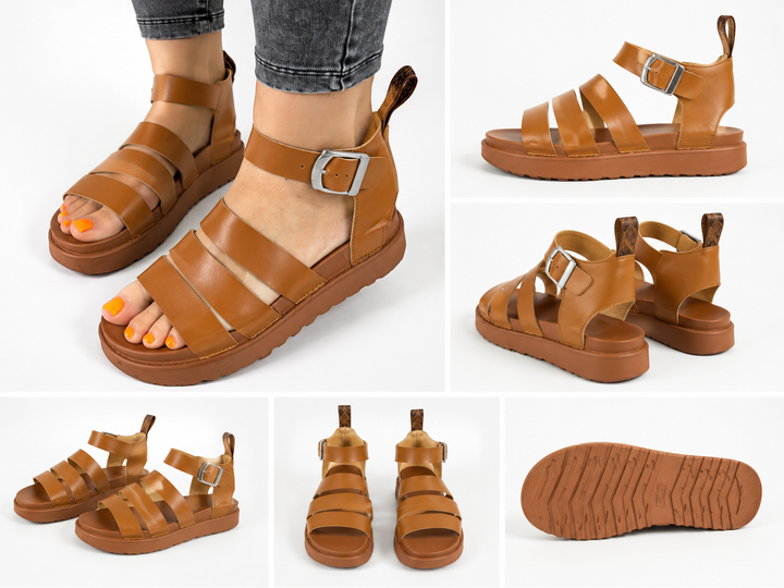 Camel tan chunky gladiator sandals with adjustable silver buckle and comfortable platform sole