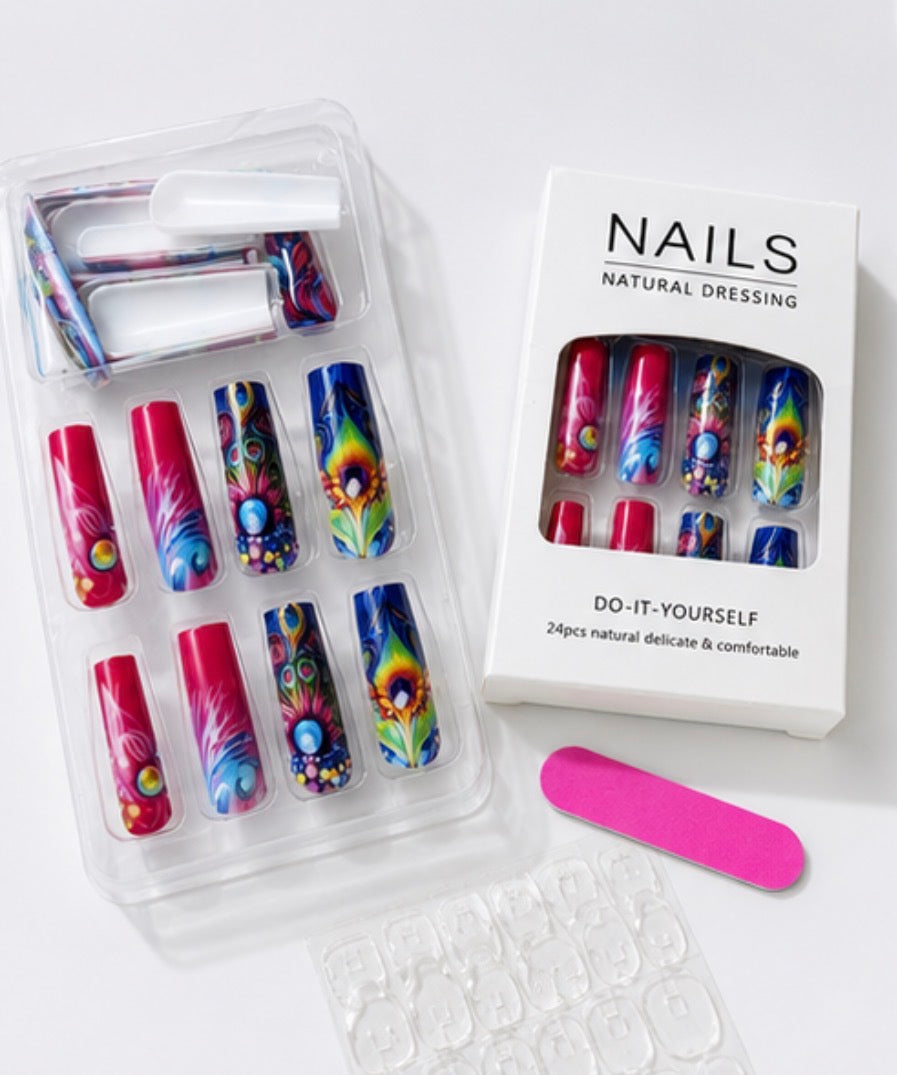 24-piece pink peacock design press-on nail kit with adhesive tabs, mini nail file 
