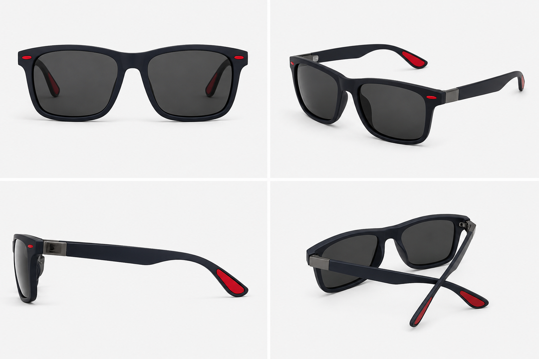 Matte black polarised sunglasses with square frame, dark lenses and red detail accents 