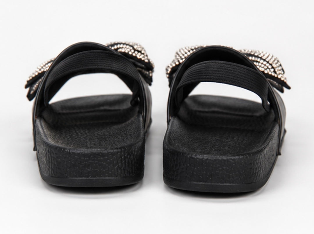 Black girls’ slider sandals with diamanté crystal bow detail and elastic back strap