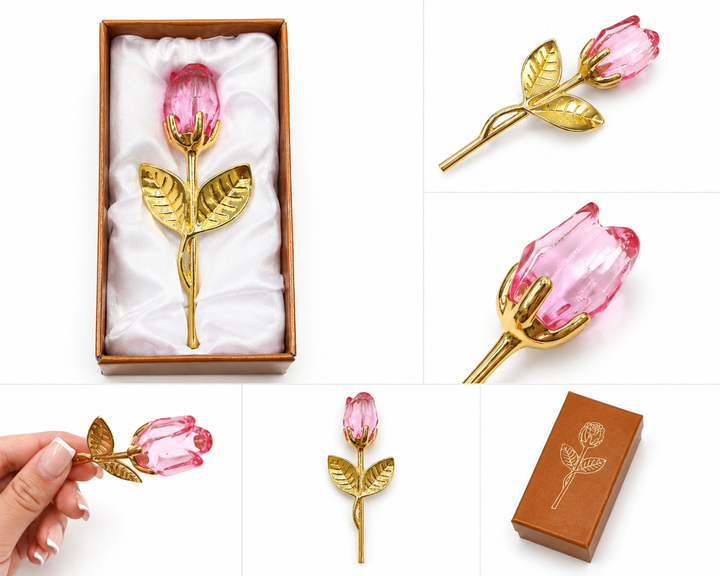 Pink crystal rose keepsake with gold-tone stem and leaves presented in satin-lined gift box
