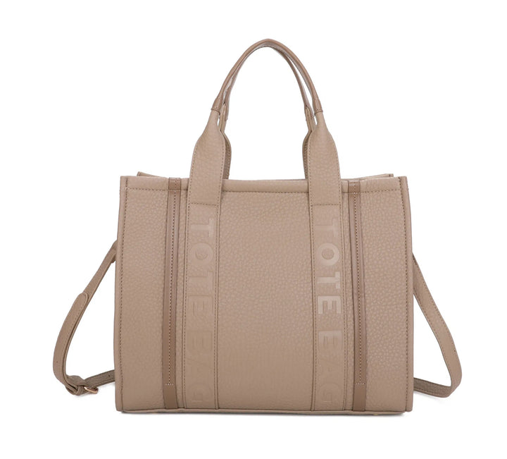 A large stripe print tote bag with double handles and a detachable adjustable long strap in beige 