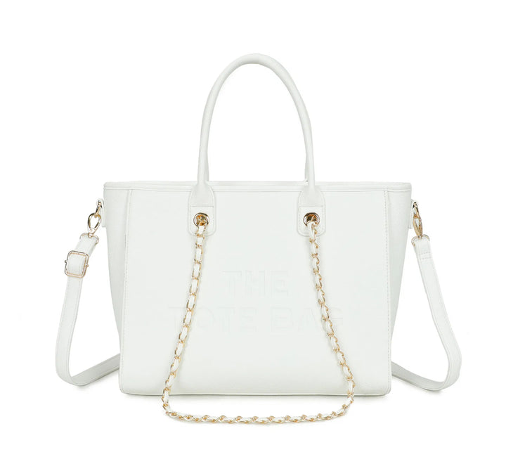 White handbag with gold chain detail 