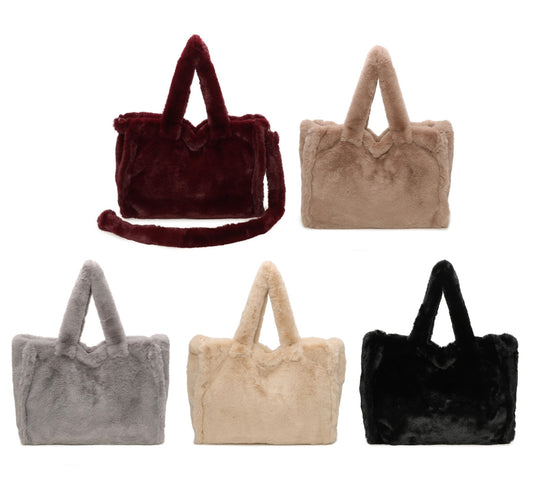 Soft faux fur tote bags in burgundy, taupe, grey, cream, and black with top handles and shoulder strap