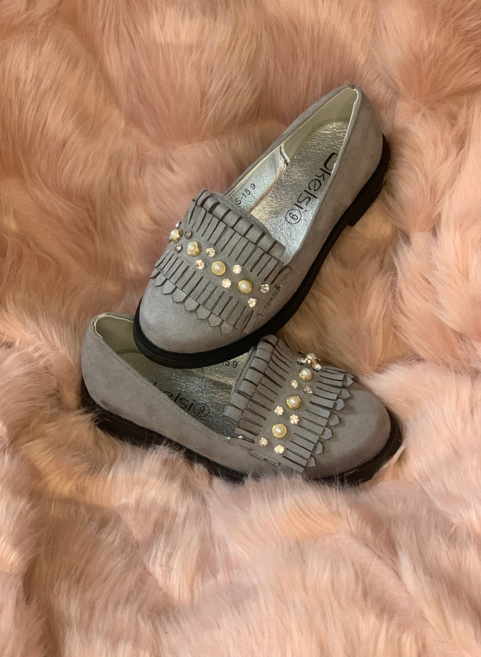 Grey Faux Suede Little Girl Shoes with Bling & Pearl Detail