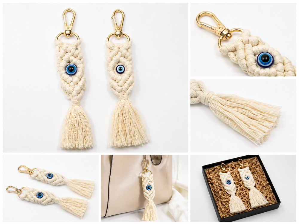 Cream macramé Blue Eye Tassel Keyring with gold clasp and blue eye charm for handbags and keys.