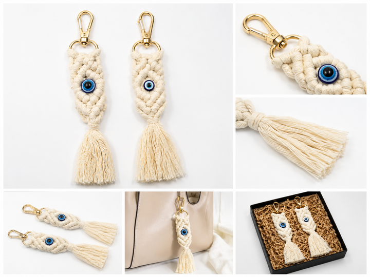 Cream macramé Blue Eye Tassel Keyring with gold clasp and blue eye charm for handbags and keys.