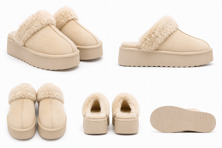 Cream cosy slip-on slippers with fluffy trim and cushioned platform sole