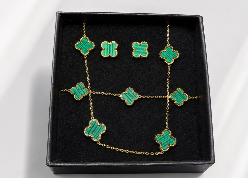 Gold-tone green clover necklace and matching stud earring set 