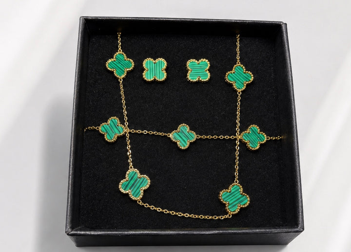 Gold-tone green clover necklace and matching stud earring set 