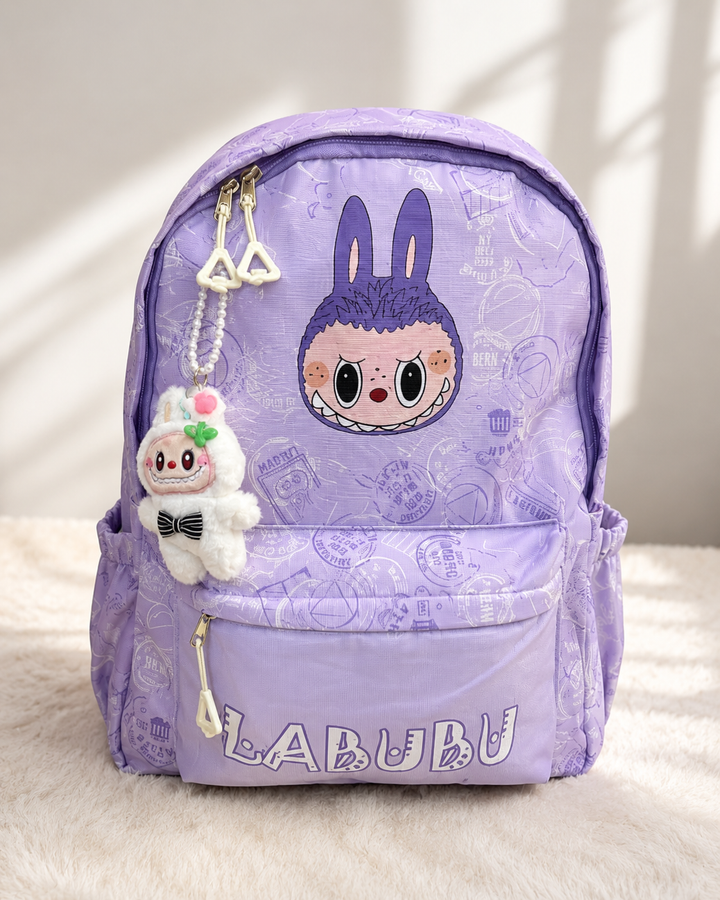     LABUBU backpacks with key ring, front zip pocket and side pockets.