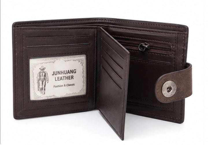 Brown men’s leather-look bifold wallet with popper fastening, multiple card slots, zipped coin pocket and ID window
