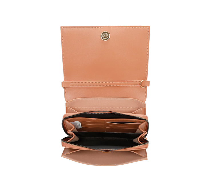 Open tan leather wallet on a white background