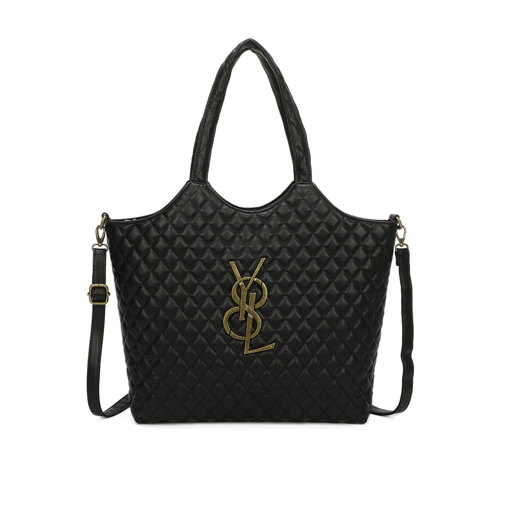 Black large size quilted bag with gold detailed hardware and long adjustable removable strap