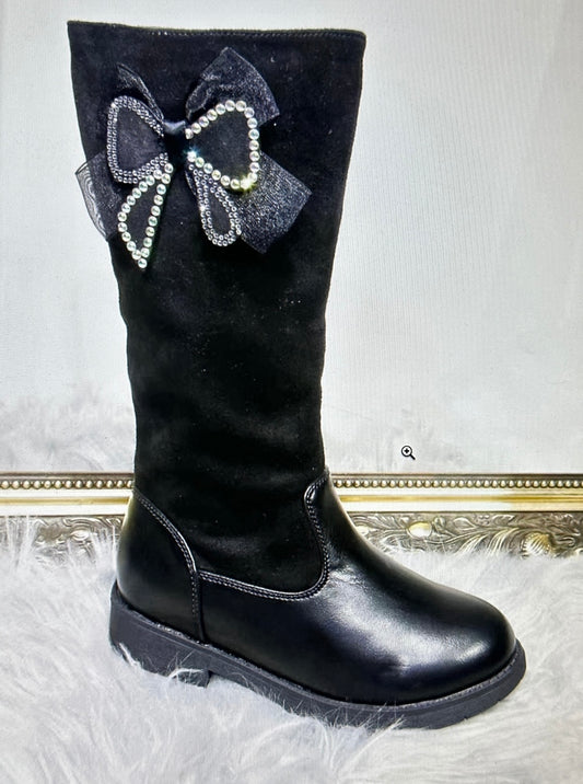 Girls knee high black boots with crystal bow detail zip up boots