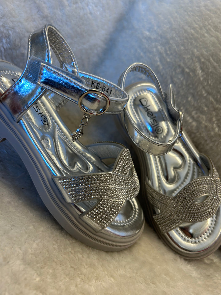 Girls Silver embellished crystal sandal shoes with hanging charm 