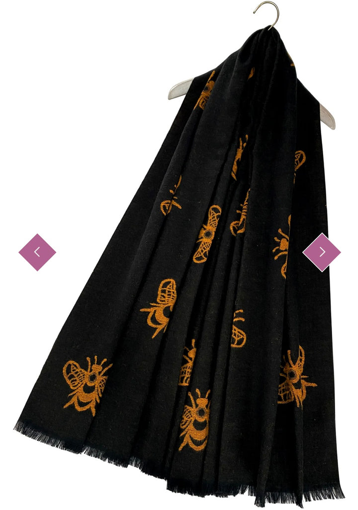 Black scarf with bee pattern detail 