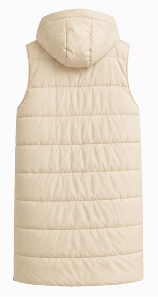 Long cream padded gilet with hood, quilted design and front zip fastening, sleeveless puffer bodywarmer with pockets