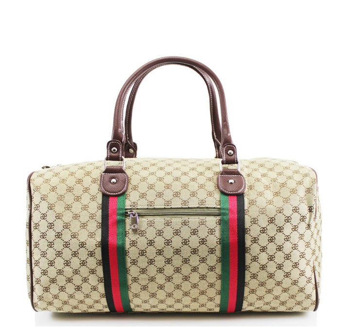 A beige holdall luggage bag with a stripe pattern, featuring red and green accents and a zip pocket.