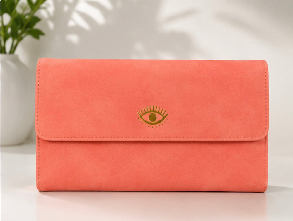 Salmon pink travel wallet purse with gold hardware 