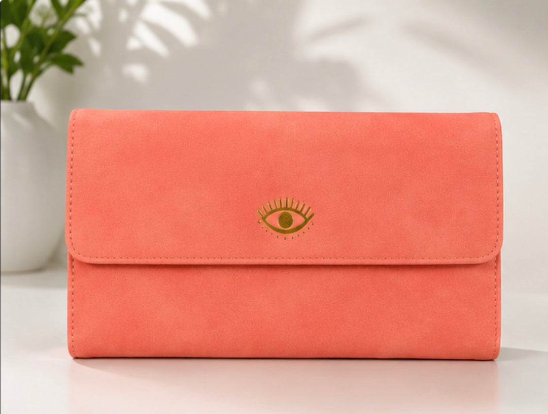 Salmon pink travel wallet purse with gold hardware 