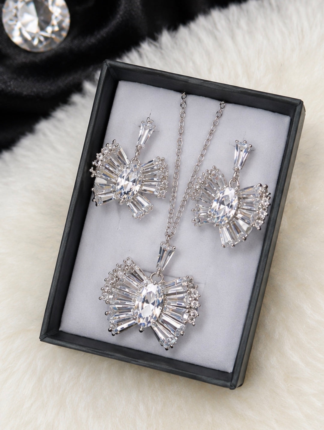 Silver crystal statement necklace and matching earring set 