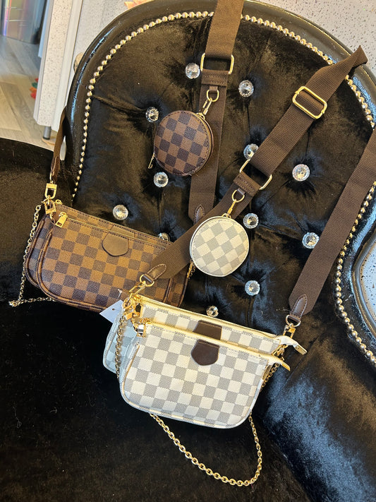 3 in 1 checked crosssbody handbags with chain