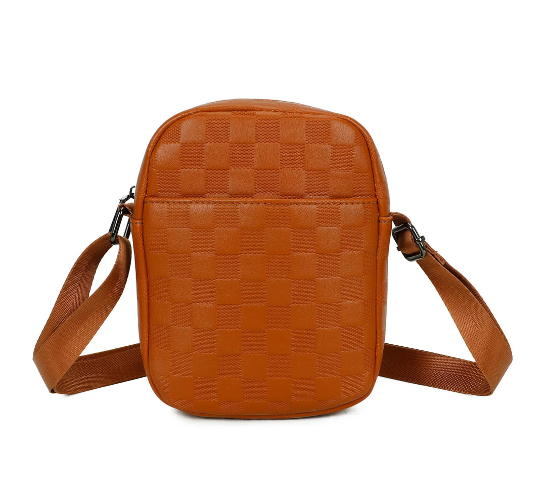 Tan colour checked embossed crossbody handbag with adjustable strap 