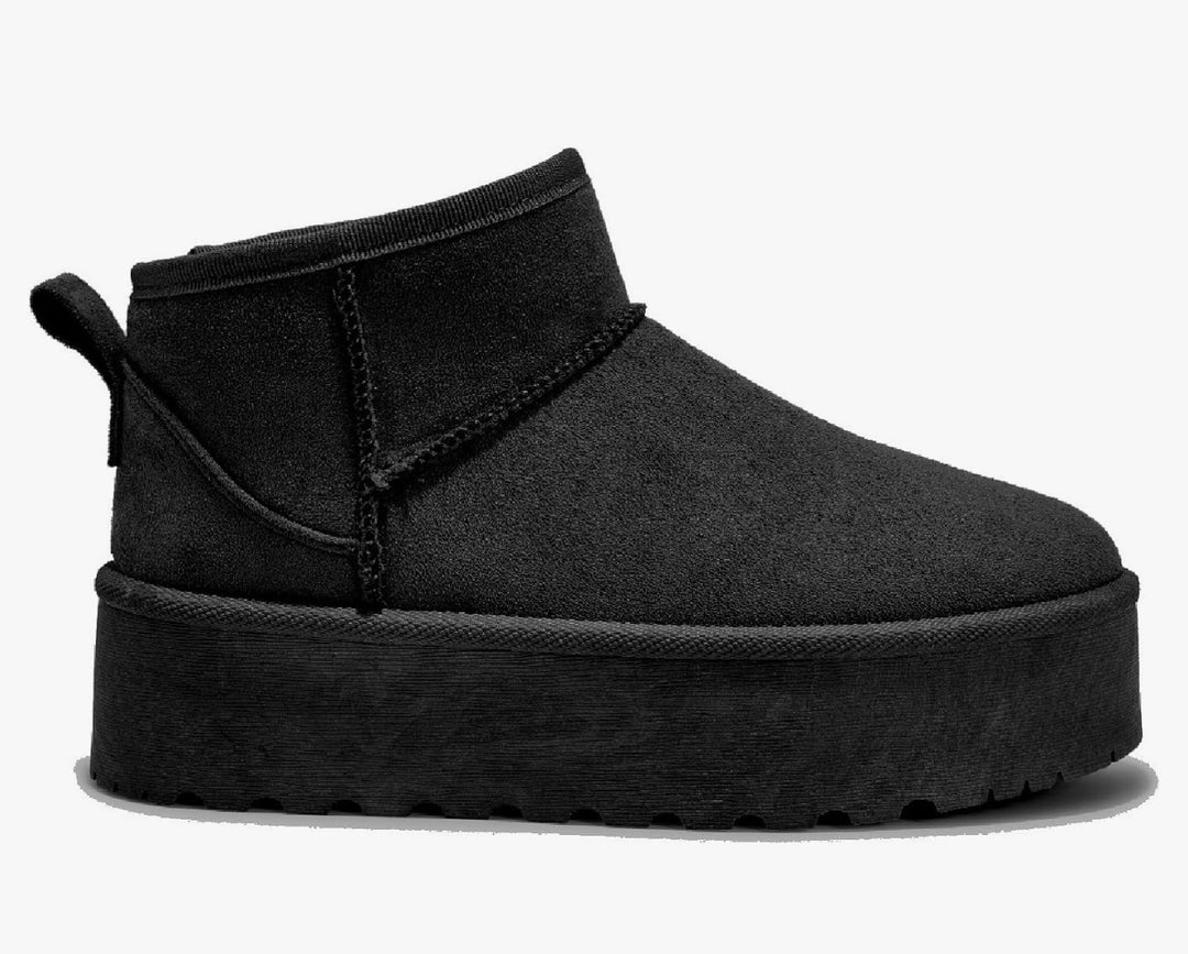 Chunky platform fur lined ankle boots in black and cream, women’s warm winter footwear
