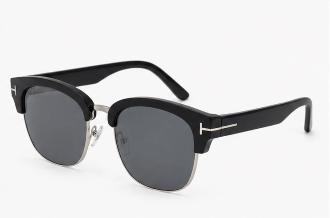 Black and silver semi-rimless square sunglasses with dark smoke lenses and silver detail accents
