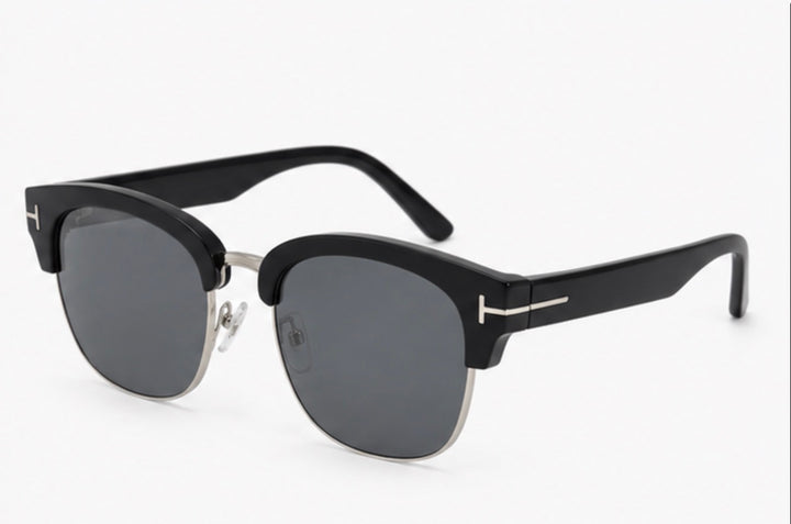 Black and silver semi-rimless square sunglasses with dark smoke lenses and silver detail accents