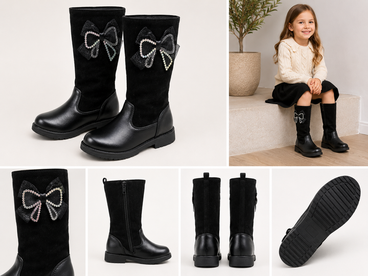 Black girls knee high boots with diamanté bow detail, chunky sole and soft suede style finish