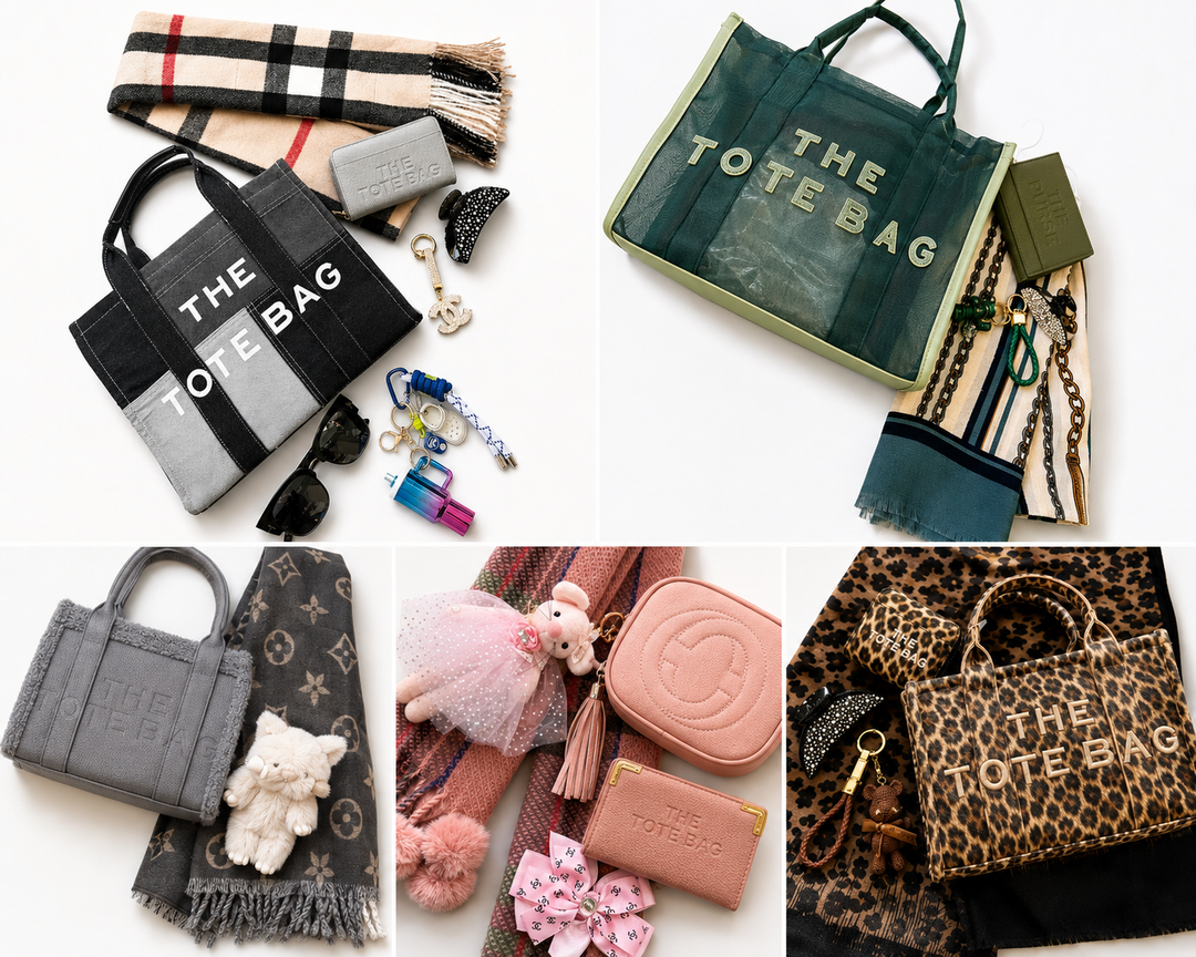 Luxury handbag bundle featuring a matching handbag, coordinating purse and elegant scarf styled together 