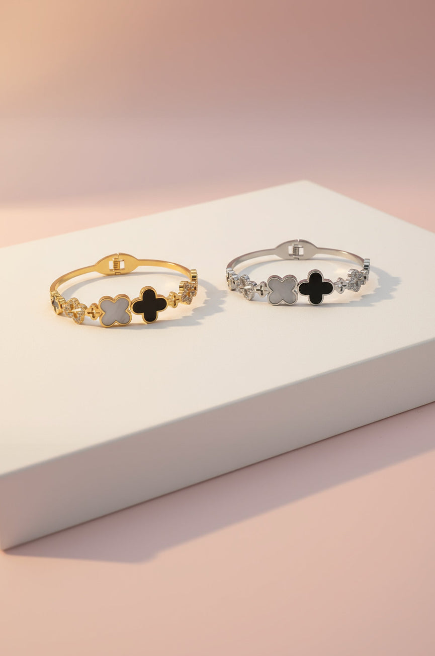 Stainless Steel Black Clover Crystal Stacking Bangle