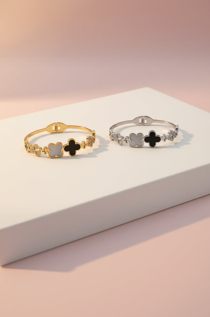 Stainless Steel Black Clover Crystal Stacking Bangle