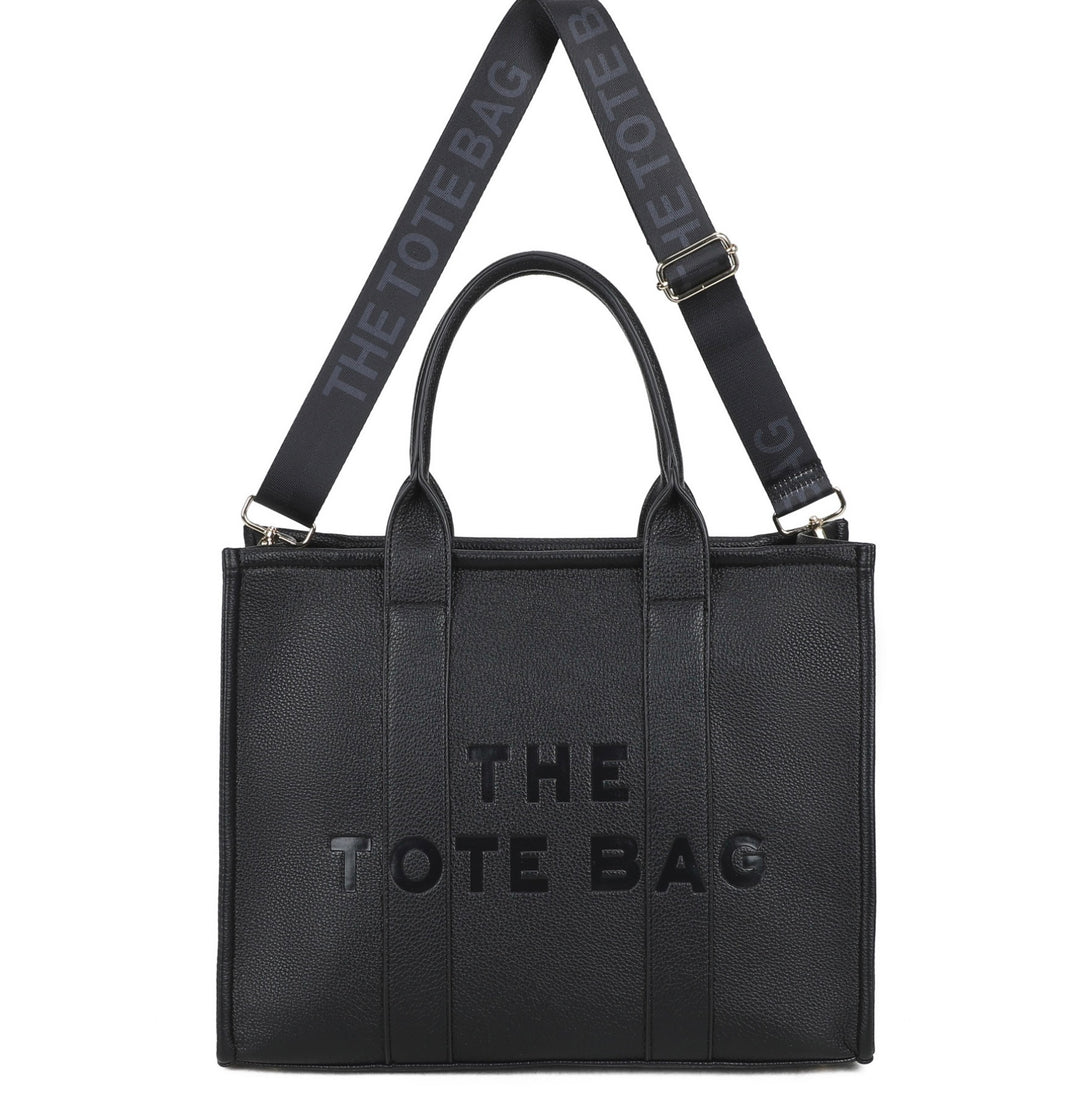 Extra large embossed tote handbag with detachable shoulder strap and zip closure