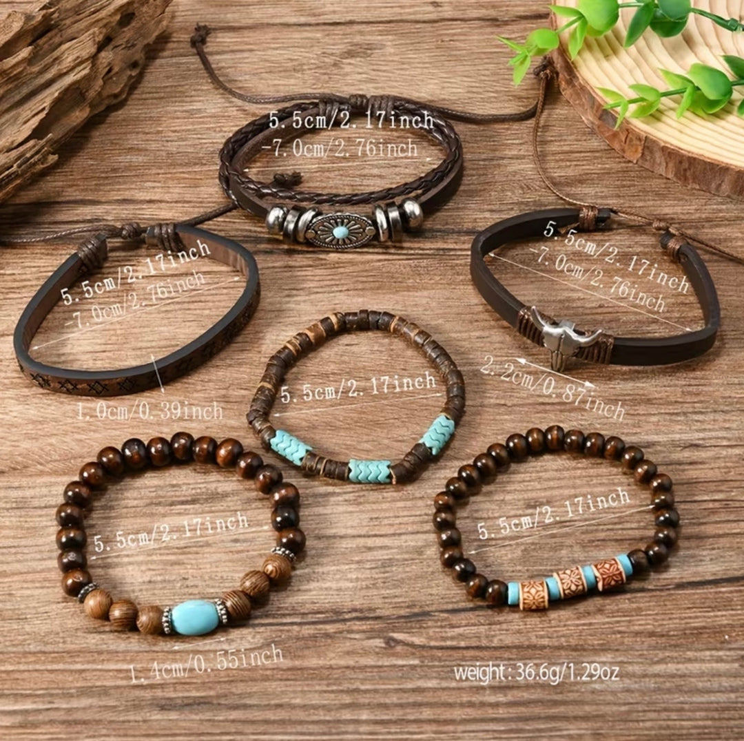 Six piece brown and turquoise Western boho bracelet set with beads, leather-look bands and silver-tone details