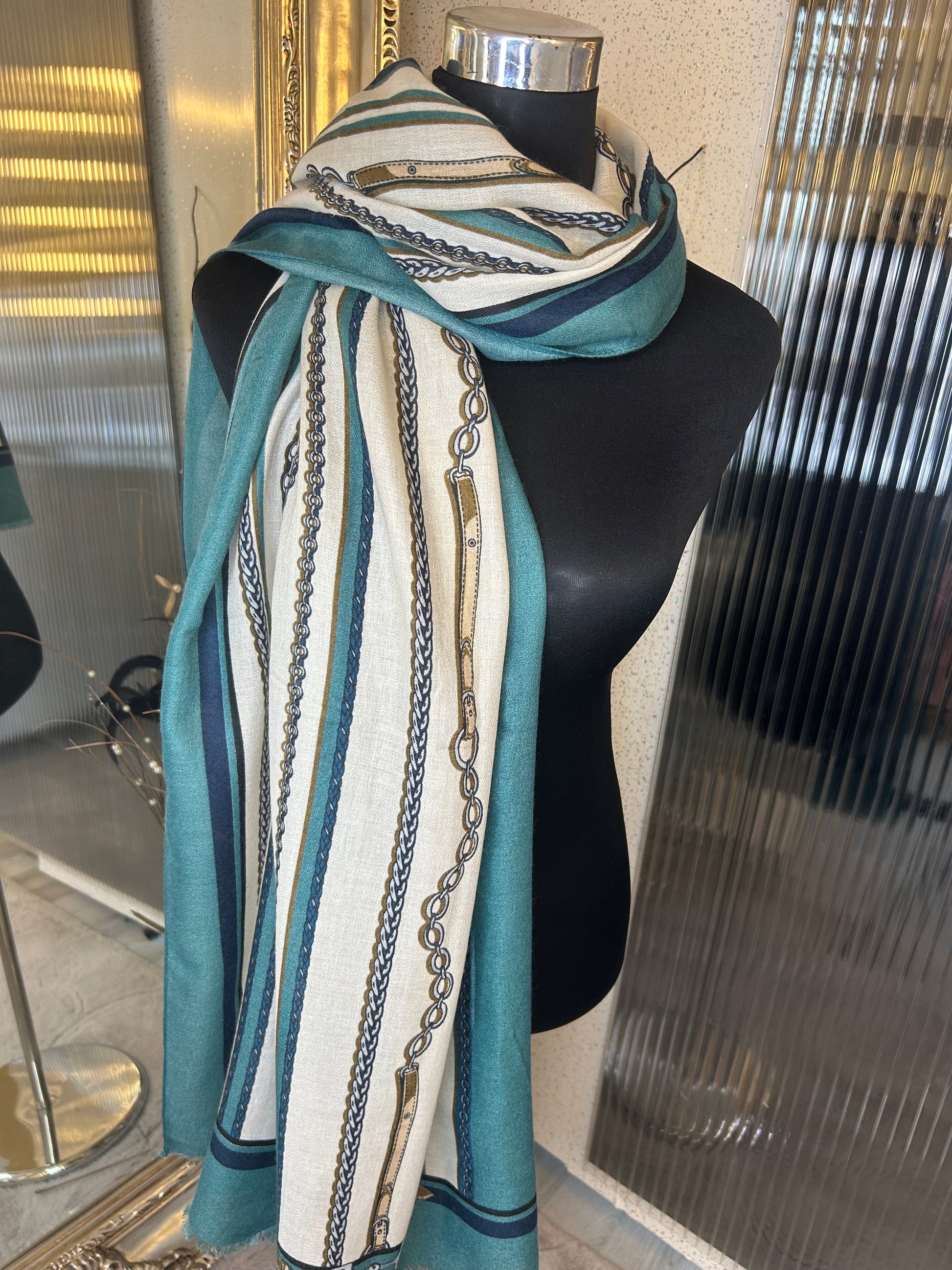 Teal and cream striped scarf with chain and belt print scarf 