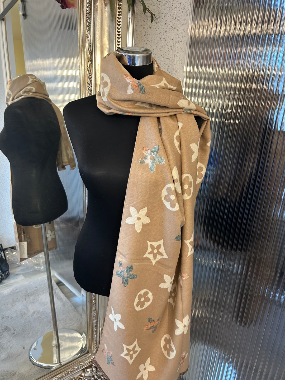 floral patterned scarf in dark beige and beige large flower monogram 