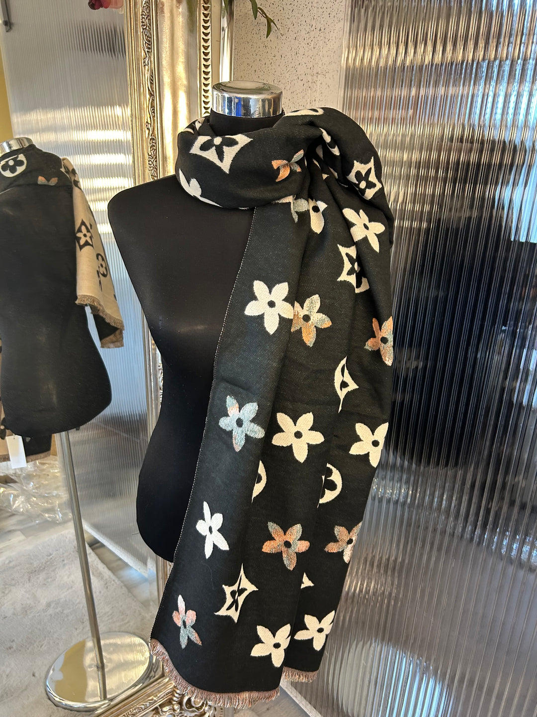 floral patterned scarf in black and beige large flower monogram 