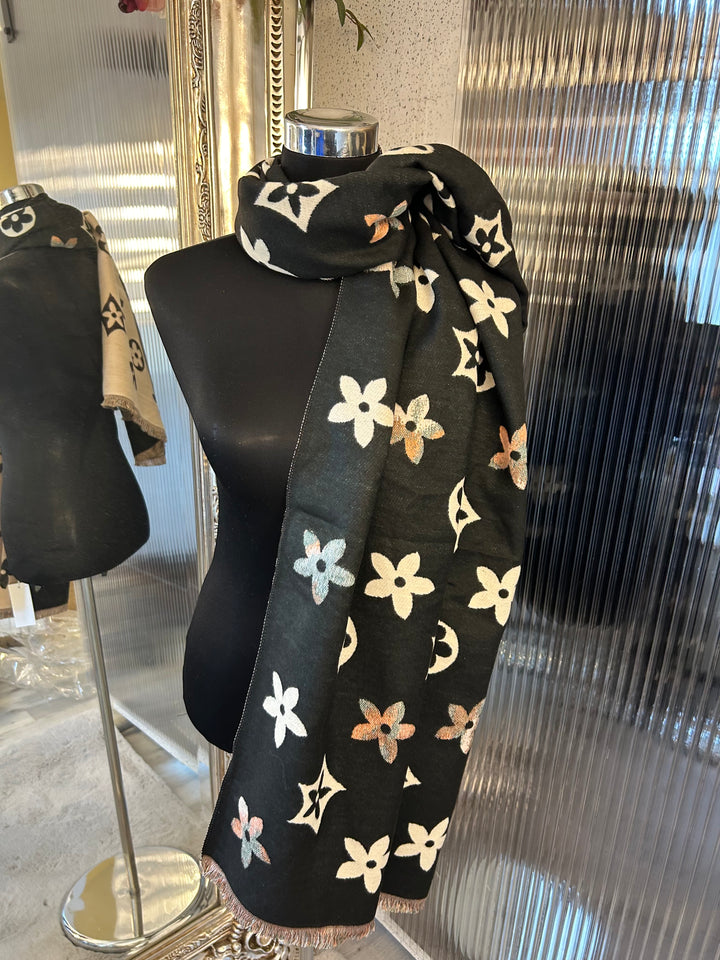 floral patterned scarf in black and beige large flower monogram 