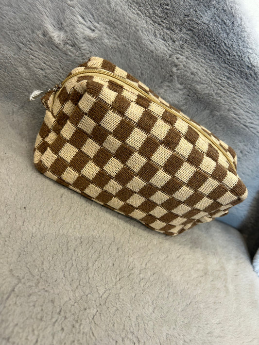 Brown checked mini toiletry bag